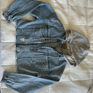 American Eagle Blue Denim Jacket with Gray Hood